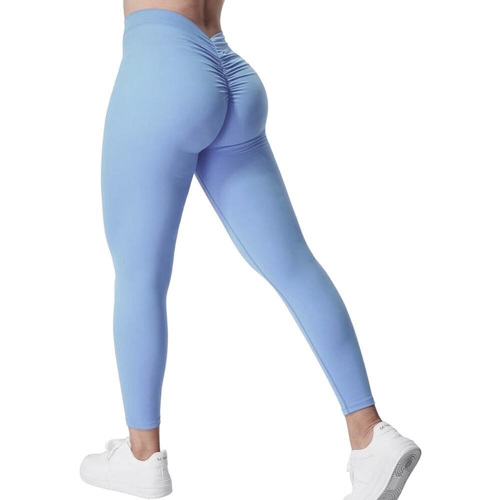 V Back with Scrunch Gym Leggings in Blue, Size L